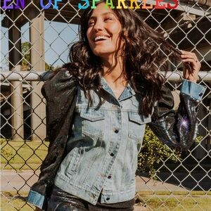 Queen of Sparkles size small denim jacket with sequin sleeves